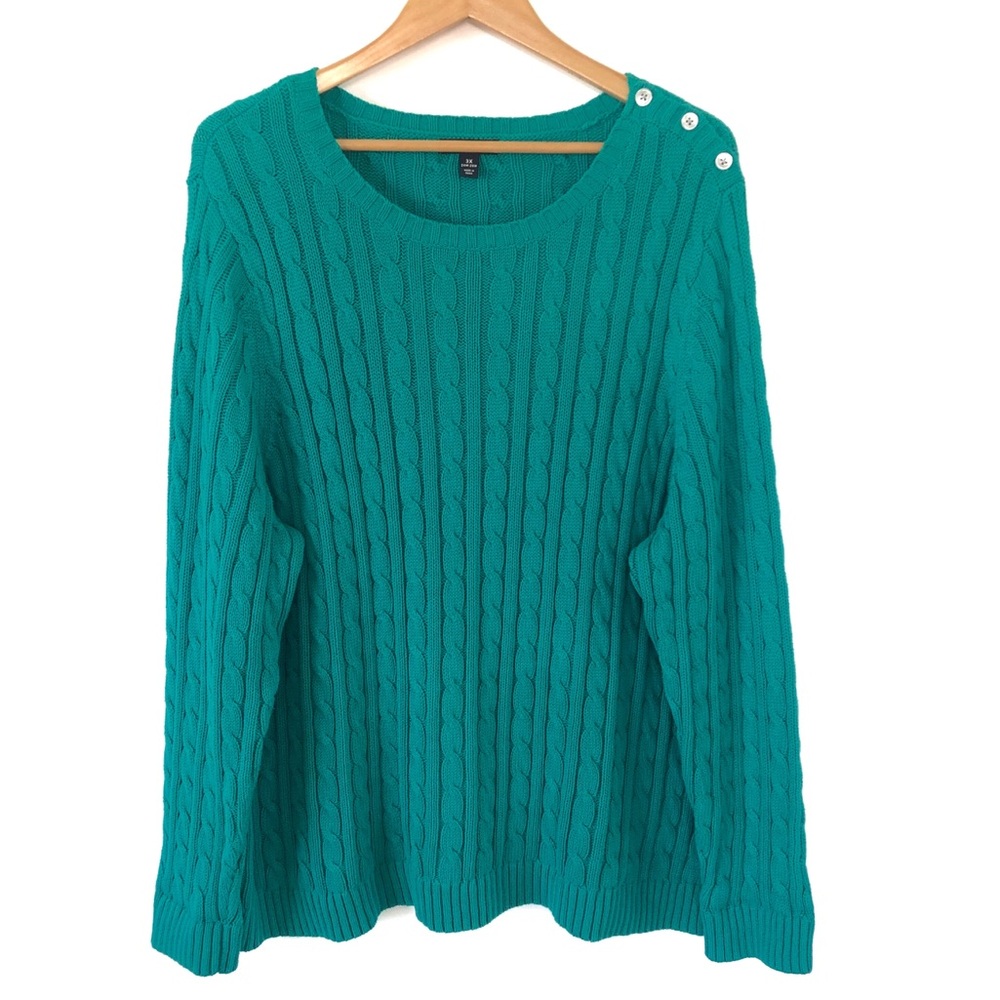 Lands End Teal Cable Knit Cotton Sweater Long Sleeve Women's 3X Plus Size Chunky